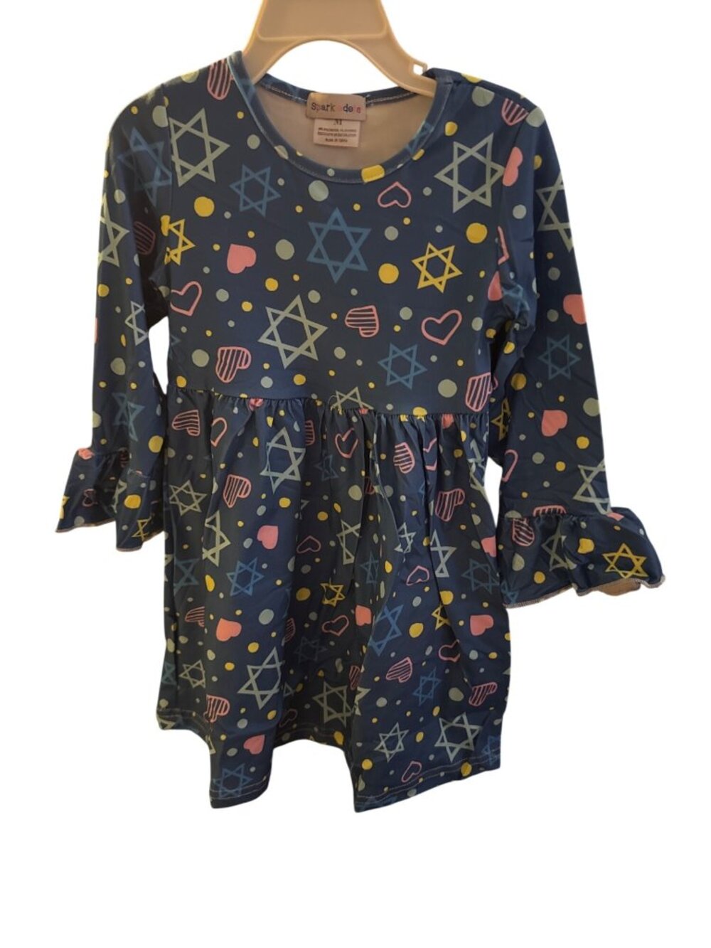 Star Of David Girls Long Sleeve Dress With Ruffle Cuffs Blue & Pink Hearts Spark